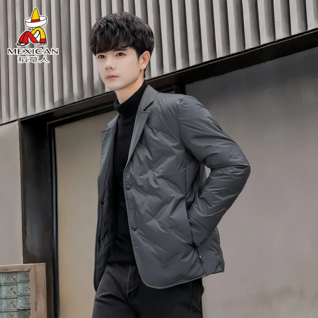 稻草人秋冬款轻薄男士修身西装领羽绒服新款时尚潮流百搭保暖外套