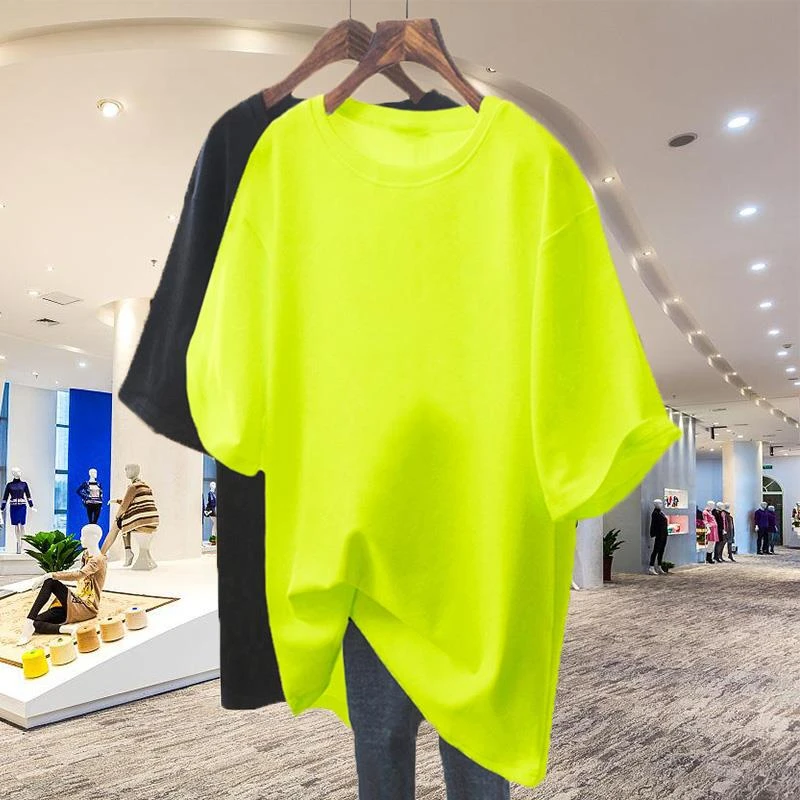 荧光绿短袖T恤女圆领中长款2025夏季新款欧货韩版宽松半袖上衣ins
