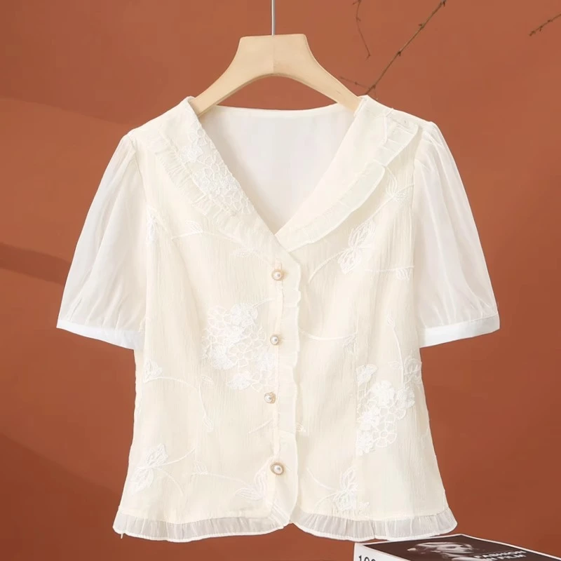 拉夏贝尔白色短袖v领衬衫女2025年新款夏季漂亮小衫减龄法式上衣