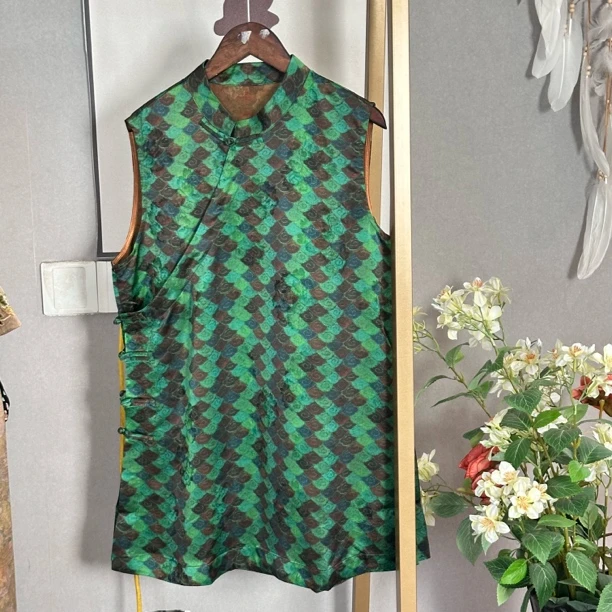 奥黛-时尚格子气质无袖背心女装新中式国风盘扣上衣夏季中长款T恤