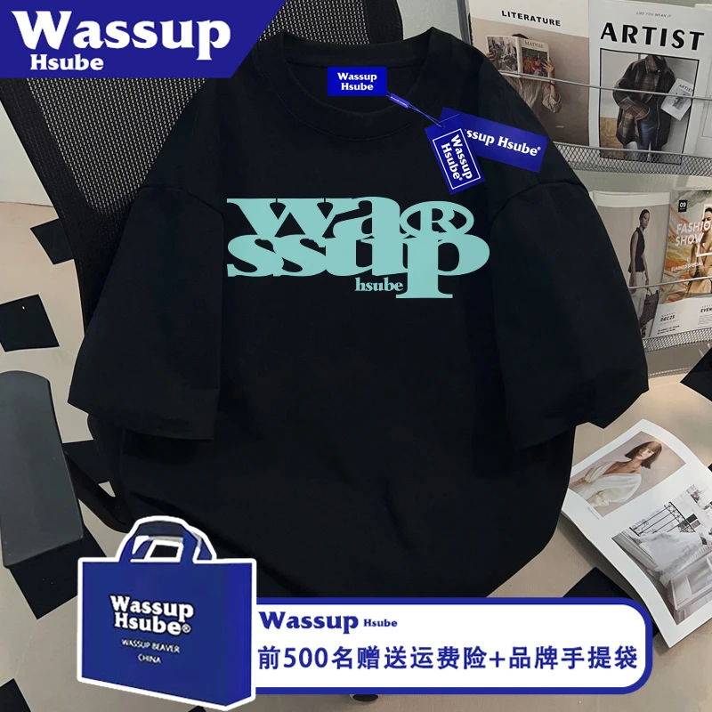 WASSUP HSUBE国潮时尚ins纯棉黑色T恤男女夏短袖字母印花潮酷半袖