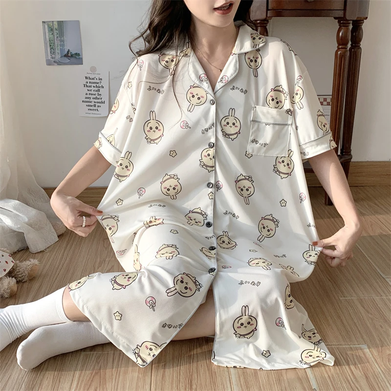 300斤冰丝凉爽衬衫睡裙女宽松大码胖m夏季2025长款ins日系睡衣