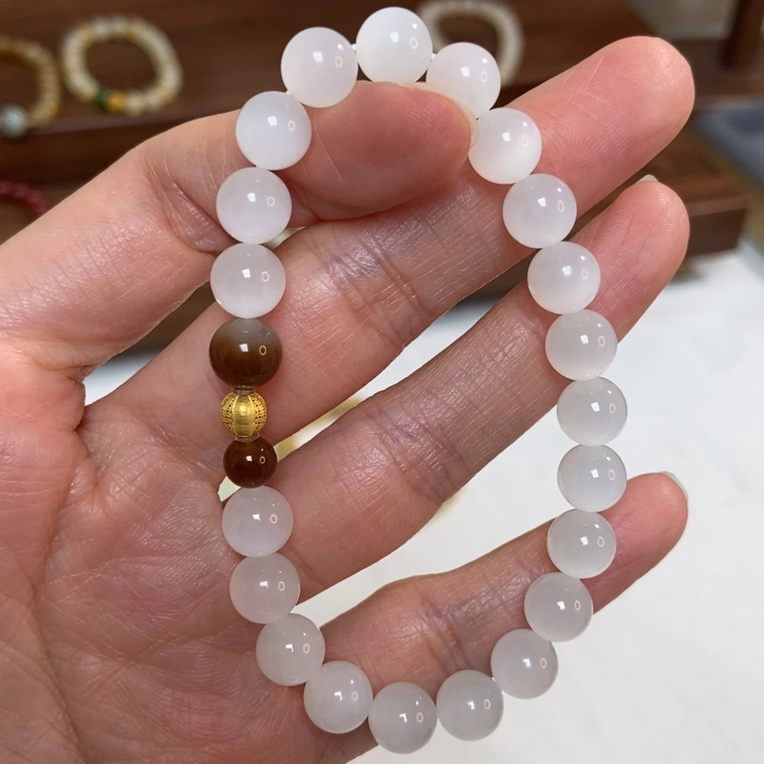 和田玉18K金镶嵌手链8mm冰白猫精品