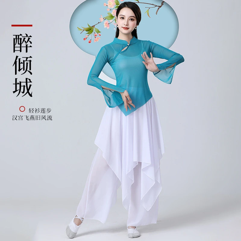 新款古典舞蹈服旗袍领上衣飘逸身韵古典舞纱衣舞蹈雪纺裙裤演出服
