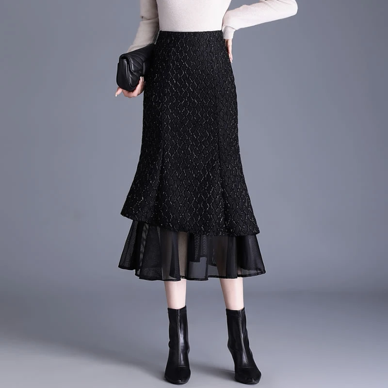 小香风银丝鱼尾裙半身裙女2025新款秋冬高腰中长裙加厚a字包臀裙