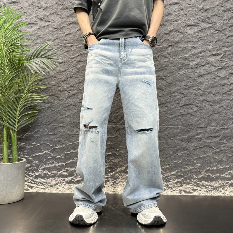 破洞水波纹做旧微喇直筒牛仔裤宽松百搭休美式做旧破洞阔腿牛仔裤