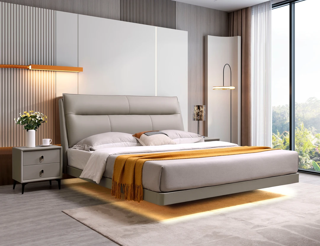 网红悬浮床真皮主卧床头层牛皮床北欧极简头层牛皮软包床