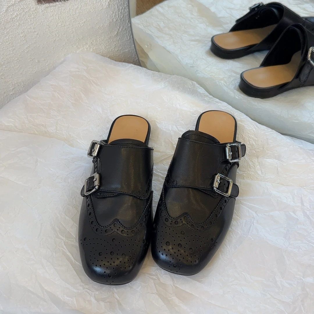 【王二今】牛皮/2CM/极简一脚蹬皮带扣雕花舒适松弛外穿穆勒拖鞋女