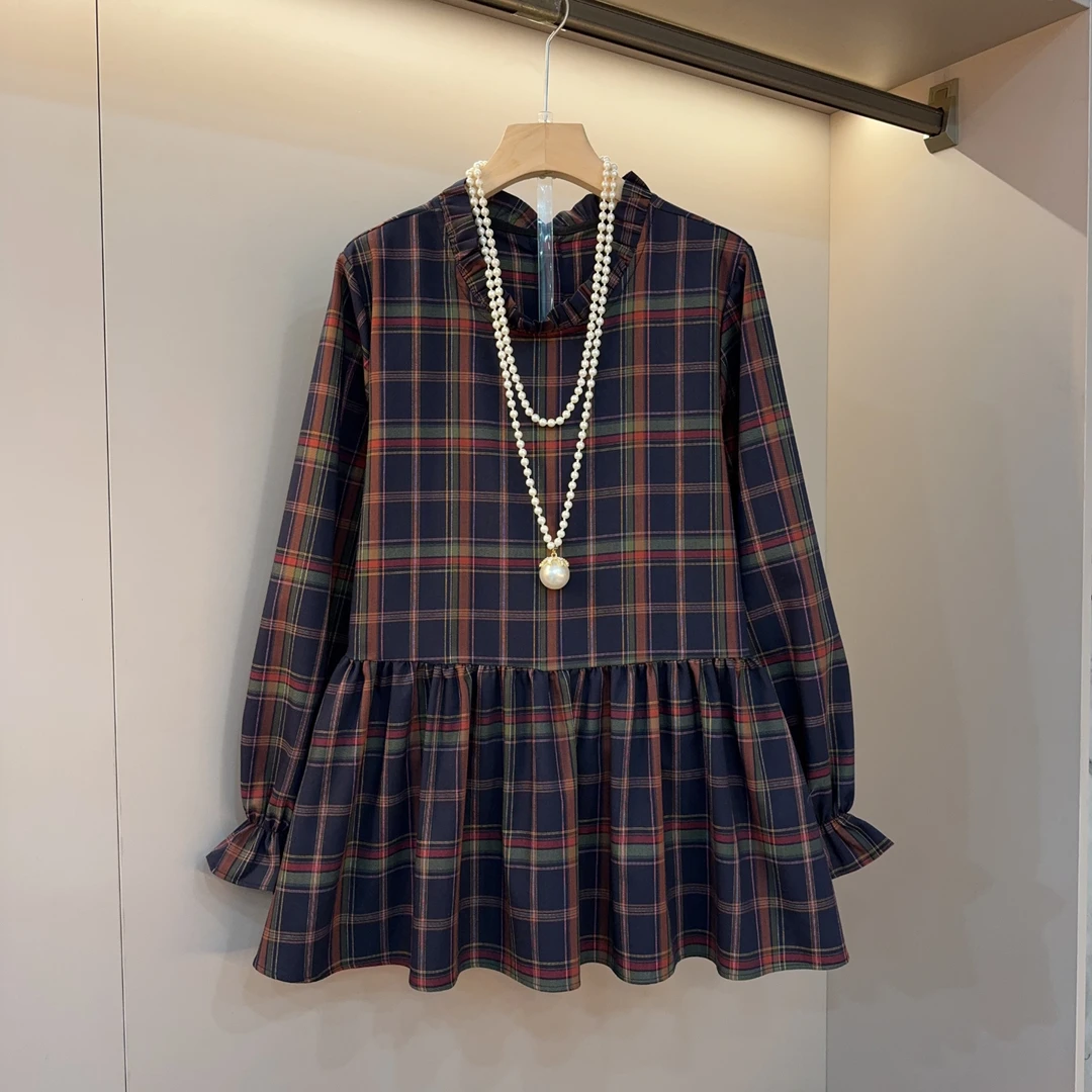 2025新款条纹荷叶边格纹连衣娃娃裙休闲复古收腰大摆减龄A字裙