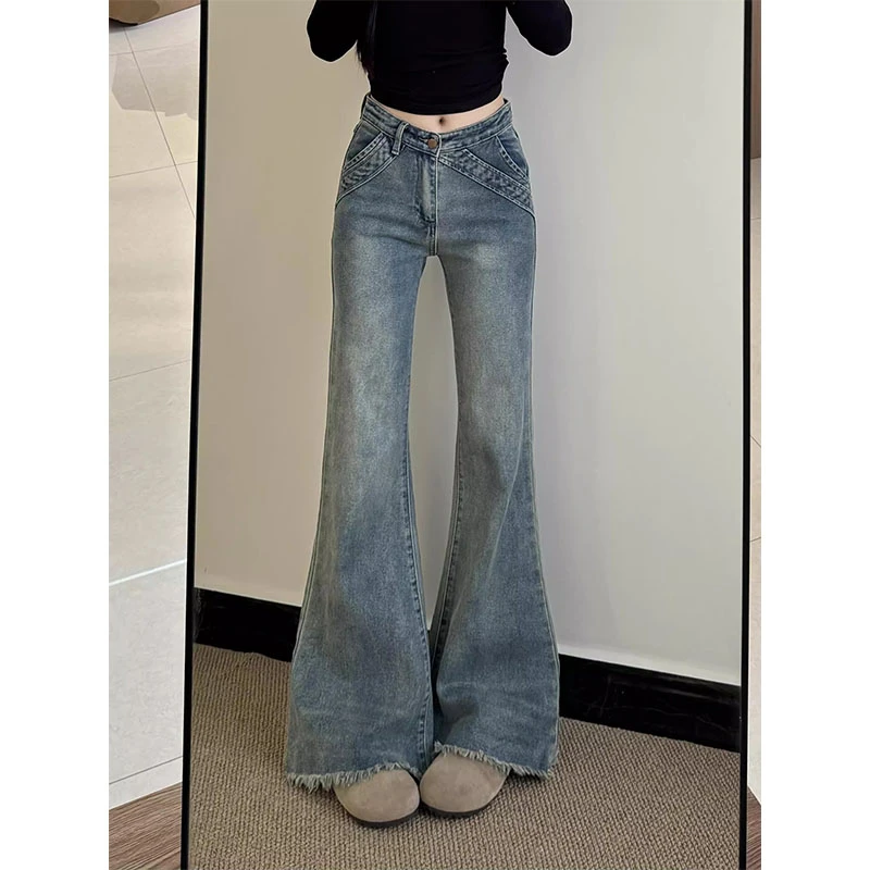 美式复古中低腰微喇牛仔裤女秋季新款设计感弹力显瘦小个子马蹄裤