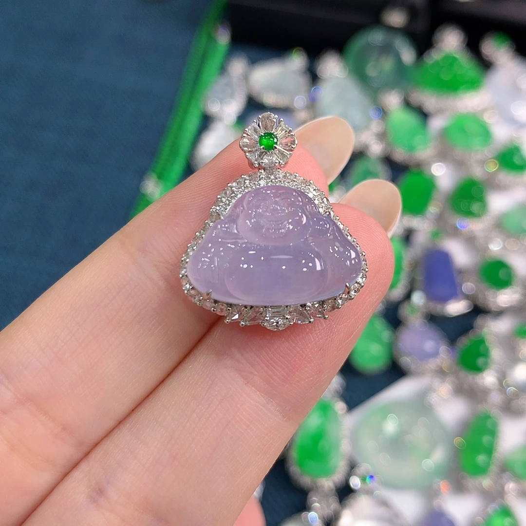 翡翠18K金镶嵌颈饰高冰紫佛公 48小时鉴赏期