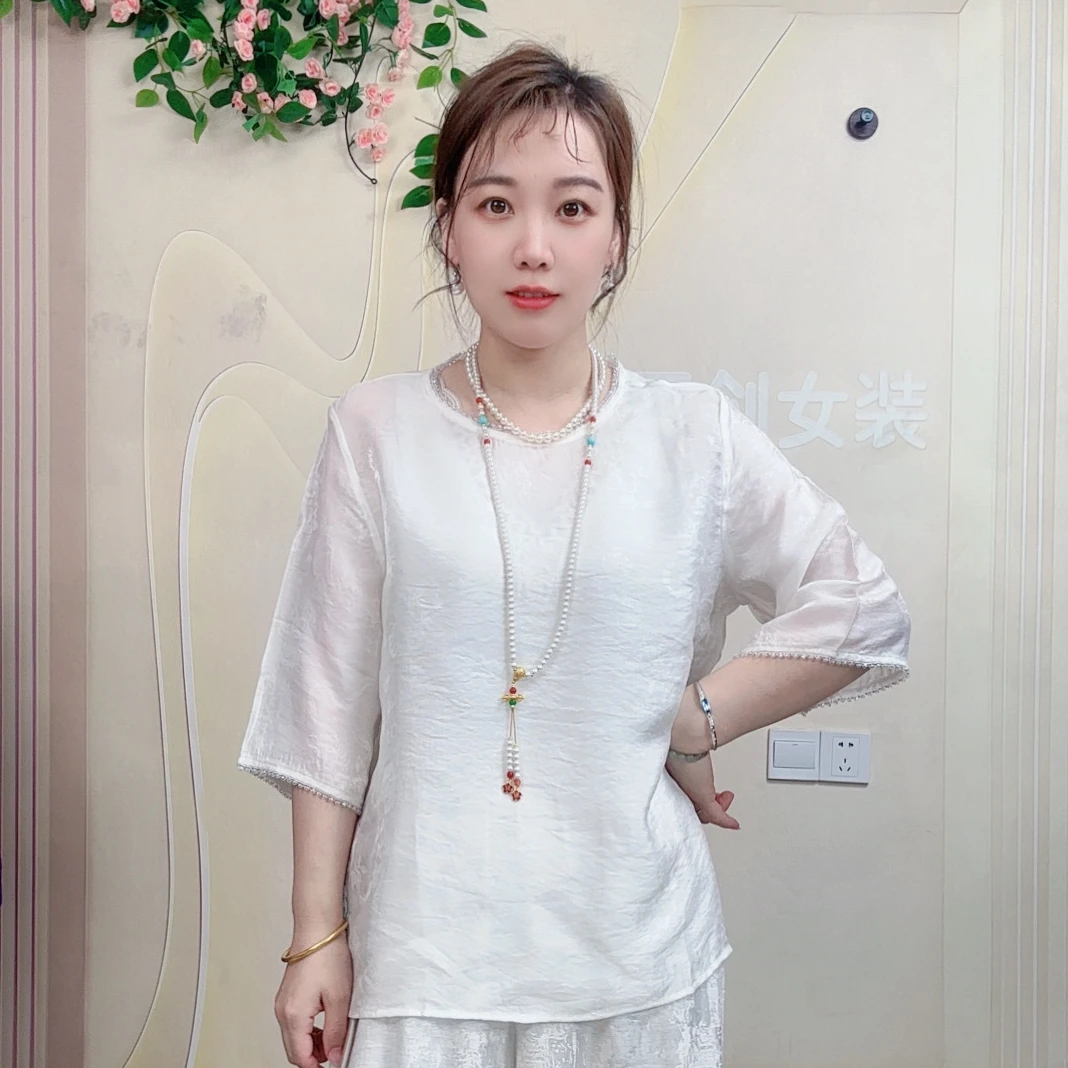 雪儿 【扶摇】夏款新中式国风丝缎圆领串珠百搭气质中袖小衫2658