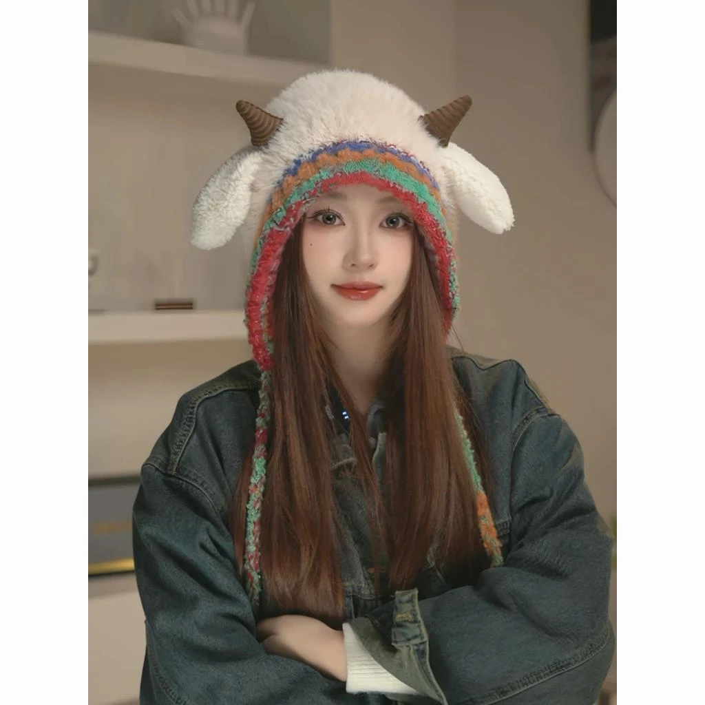 小羊双层小羊超萌帽子可爱骑行亲子护耳毛绒包头保暖秋冬季加厚