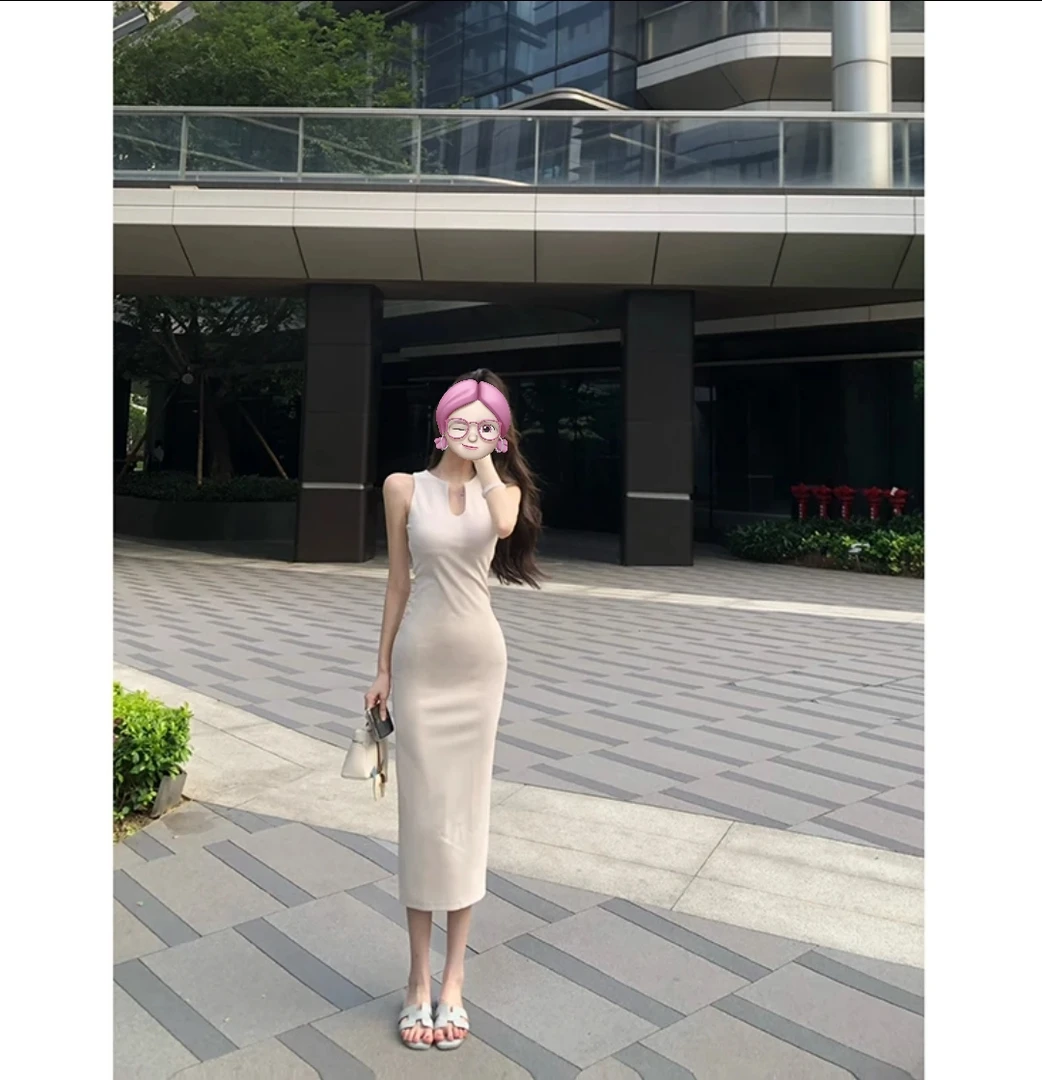 气质极简深v无袖背心裙夏季包臀修身显瘦长款连衣裙