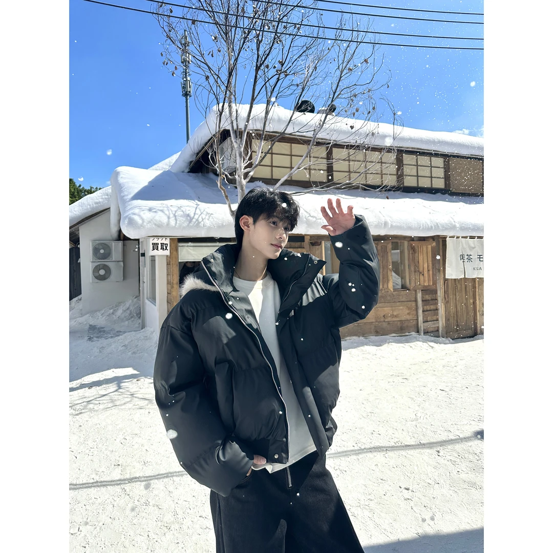 H TONIC 连帽pu皮棉衣短款加厚冬季保暖宽松百搭男情侣纯色面包服