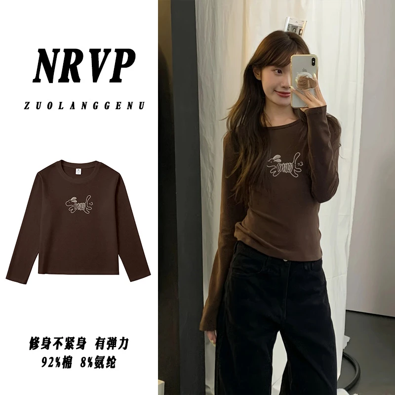 品质仿刺绣小狗正肩长袖t恤女修身高弹力微胖女生穿搭女装上衣ins