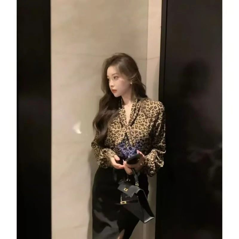 2025春夏气质性感豹纹系带雪纺衬衫长袖职业辣妹个性显瘦薄款上衣