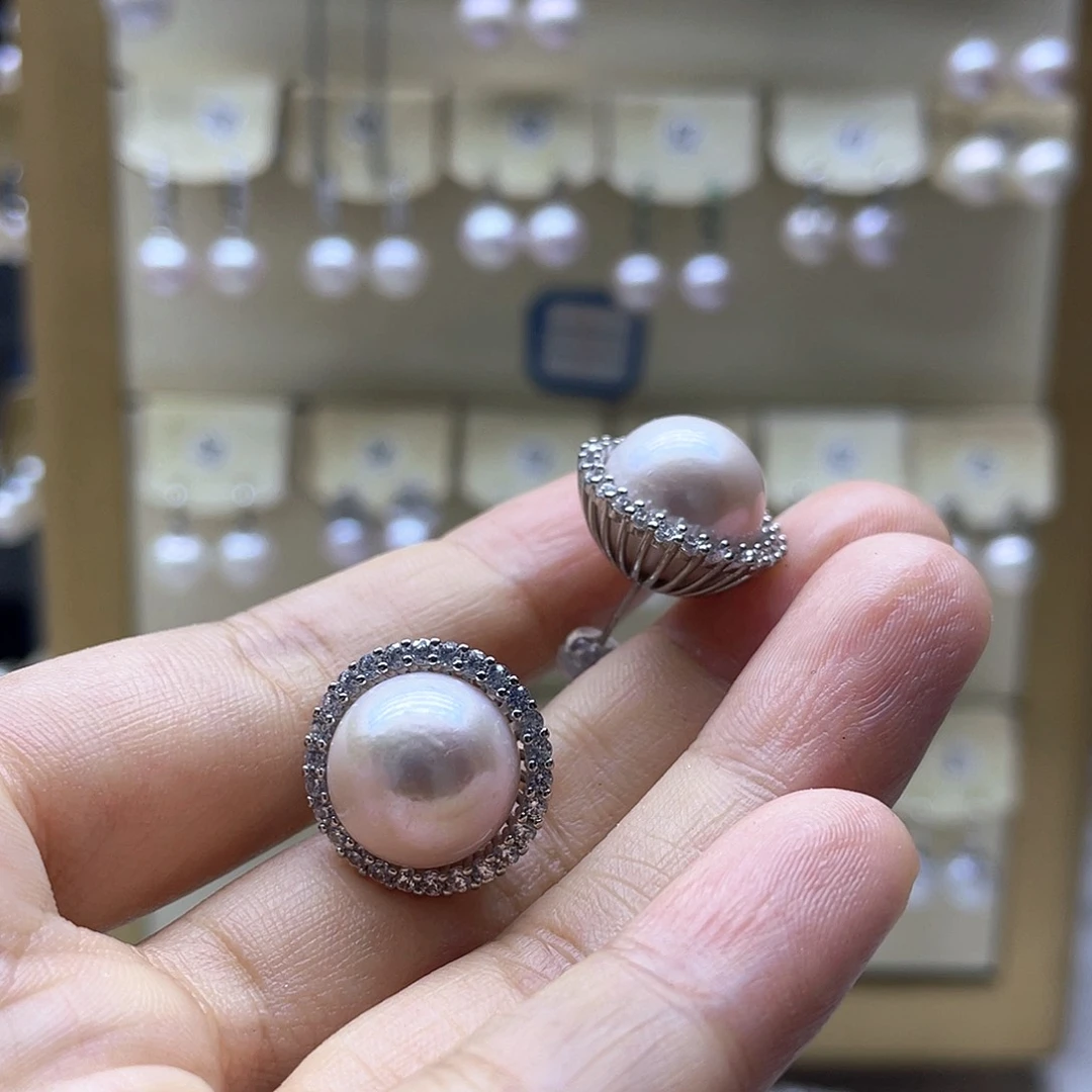 银S925镶嵌淡水珍珠耳饰