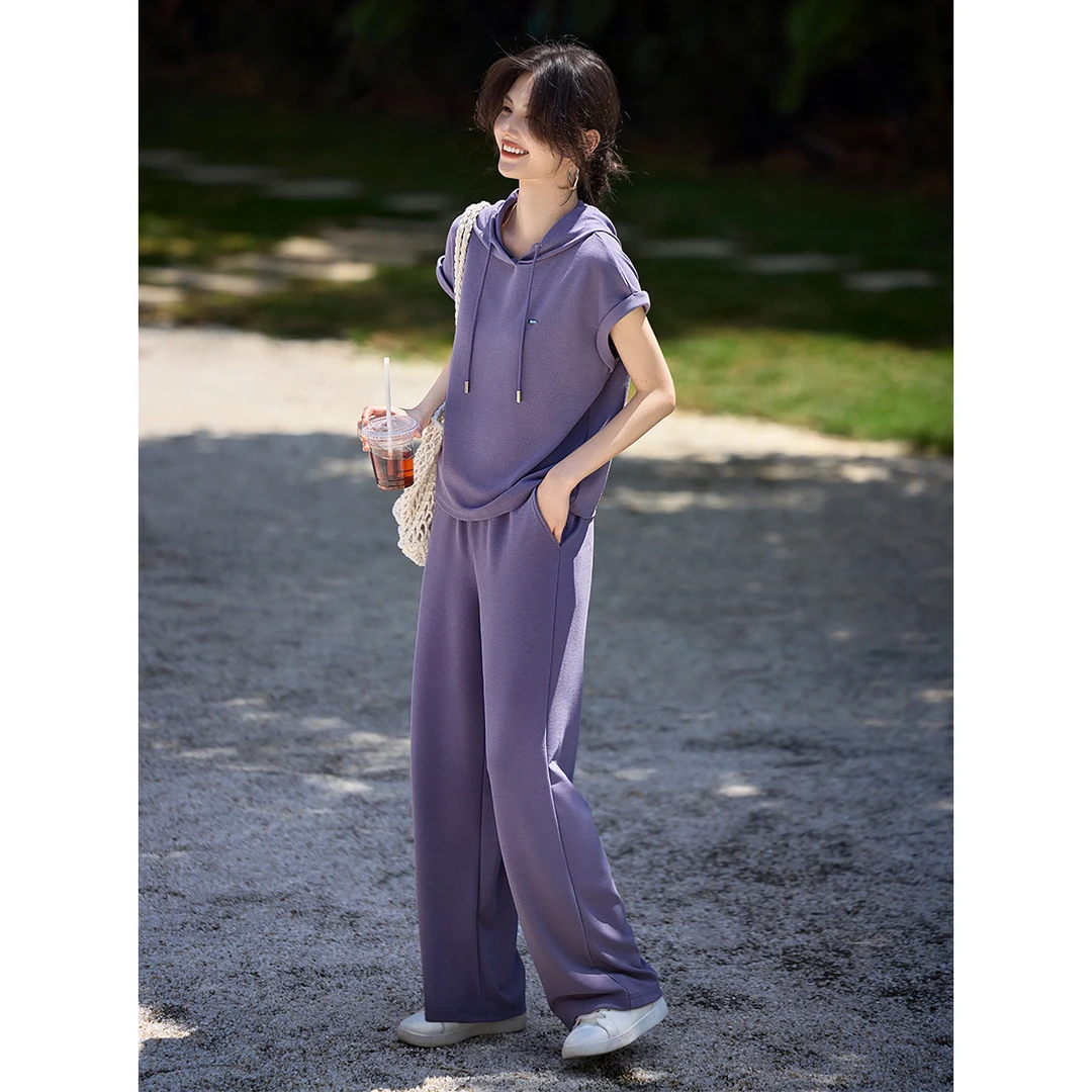 XWI｜【时尚休闲纯色运动套装】夏款纯色带帽运动休闲套装