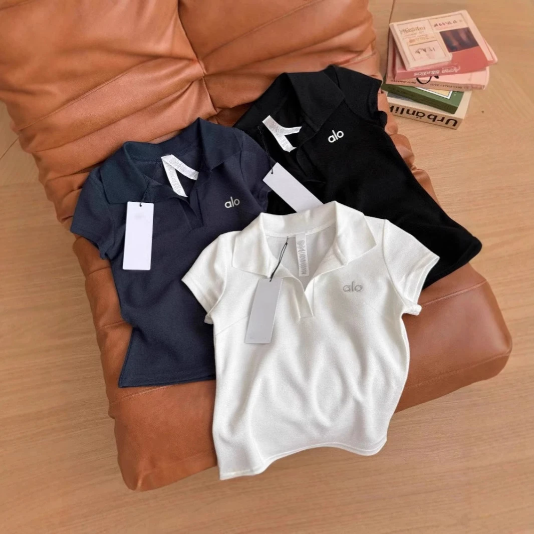 alo原标简约印花短袖POLO衫女修身显瘦设计感小众短袖T恤时尚百搭