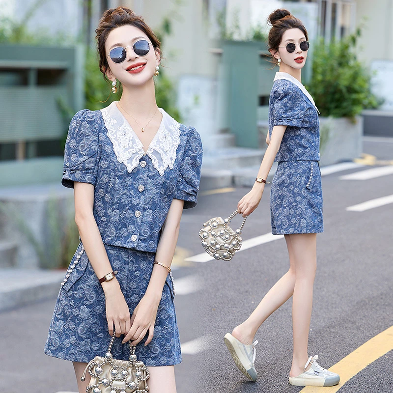 蕾丝拼接牛仔短裤套装女小个子2025夏季新款小香风洋气减龄两件套