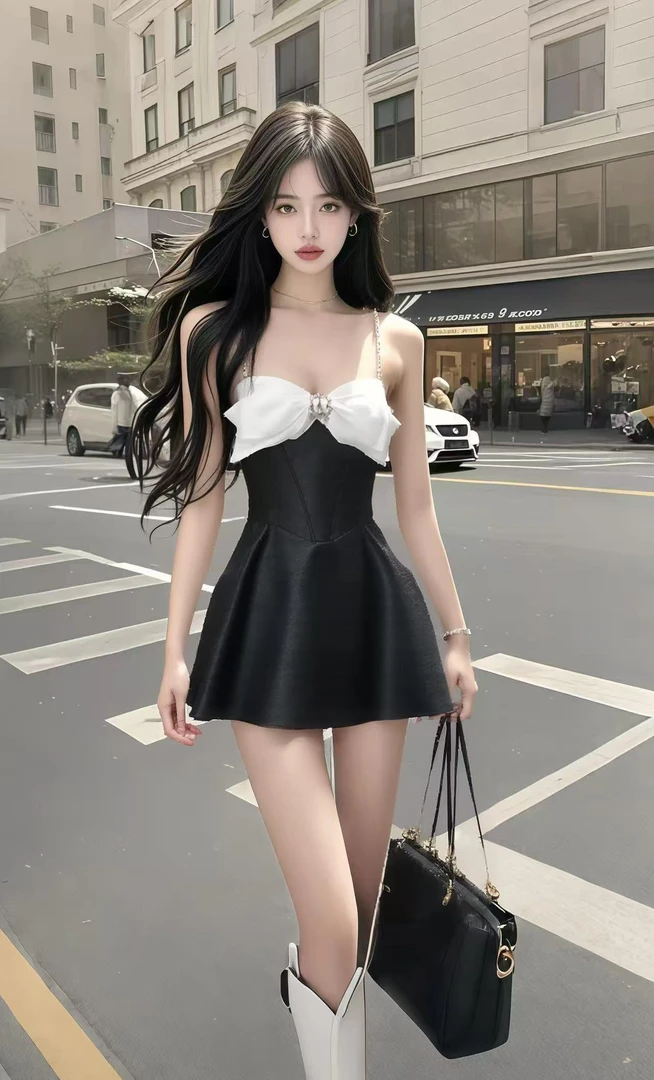 2025夏季新款纯欲辣妹风黑拼白桃心领吊带收腰连衣裙女小众高级感