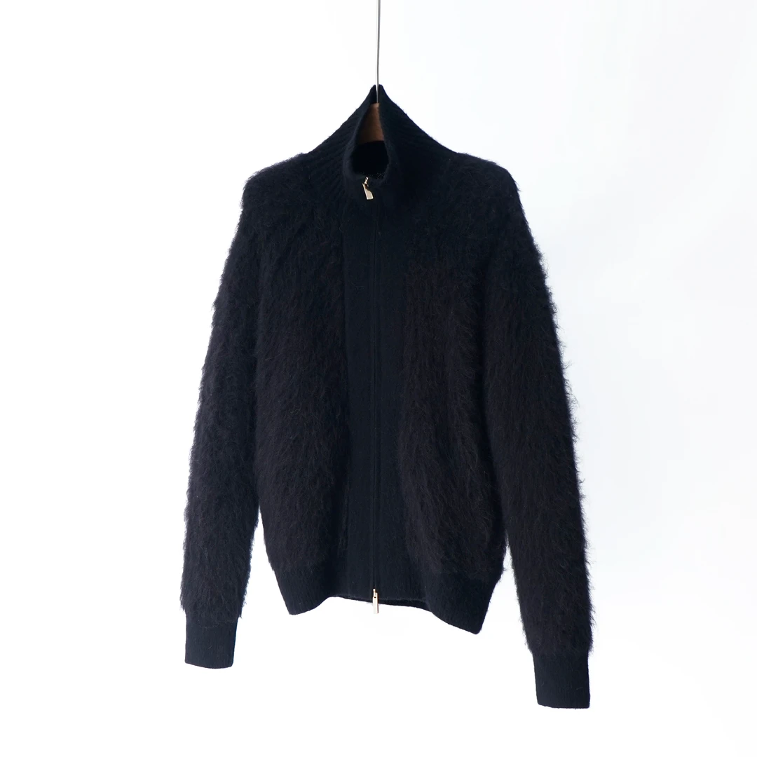 【YS12444】巨显瘦25冬季新款羊驼毛手中拉毛黑色针织开衫外套女