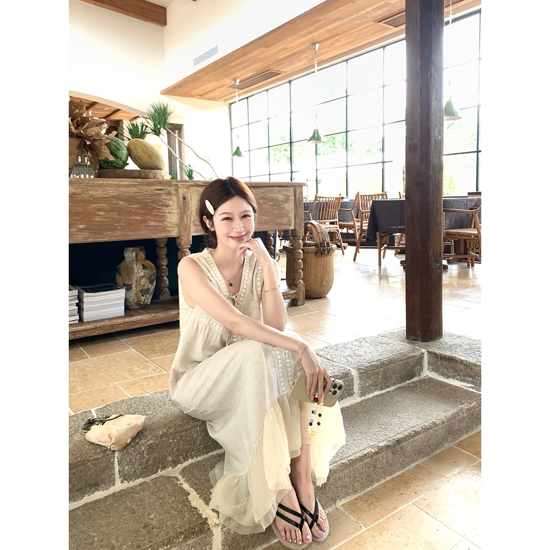 杨杨YANGRUOYU 7/31【清爽夏日】天丝亚麻背心连衣裙撞色气质长裙