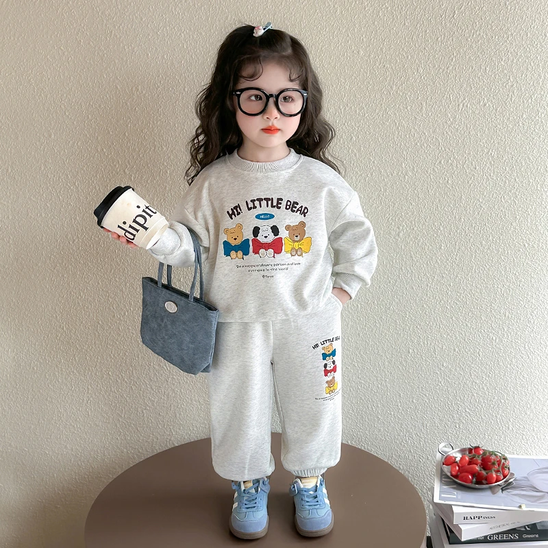女童卫衣套装秋季2025新款儿童印花小熊上衣洋气宝宝休闲风两件套
