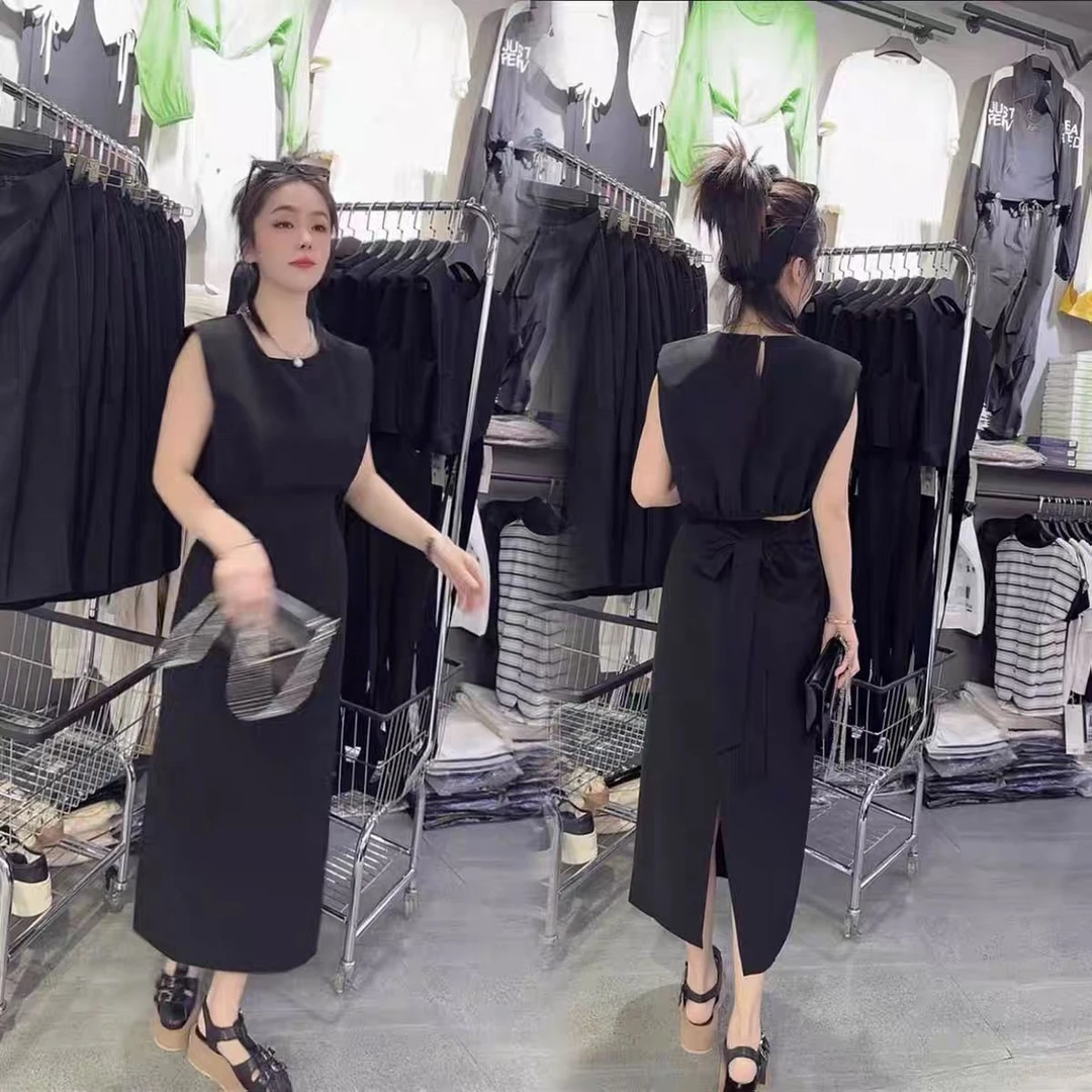 770高端设计后腰镂空蝴蝶结无袖上衣包臀开叉半身裙气质垂感套装