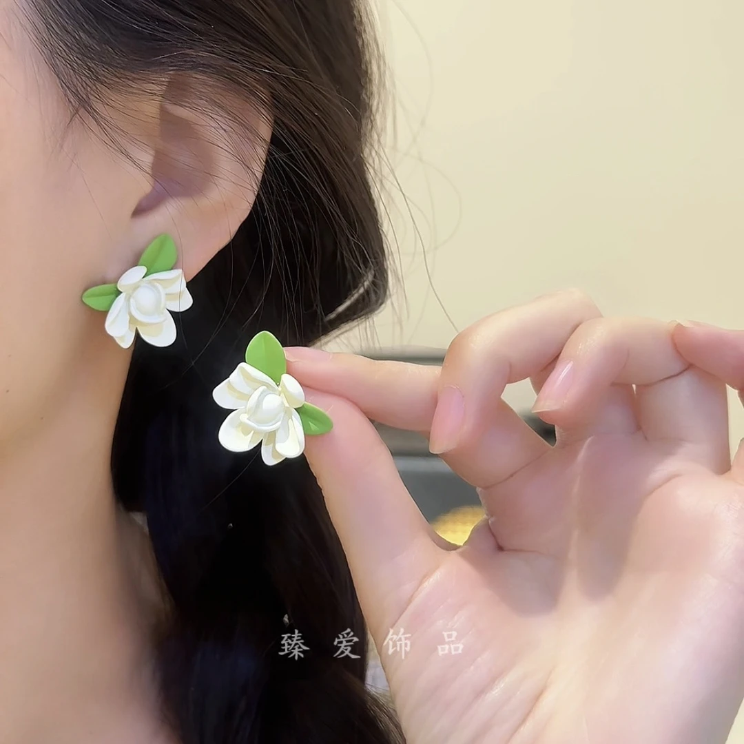 铜合金亚克力耳饰 栀子花耳环绿色超仙小清新森系耳饰