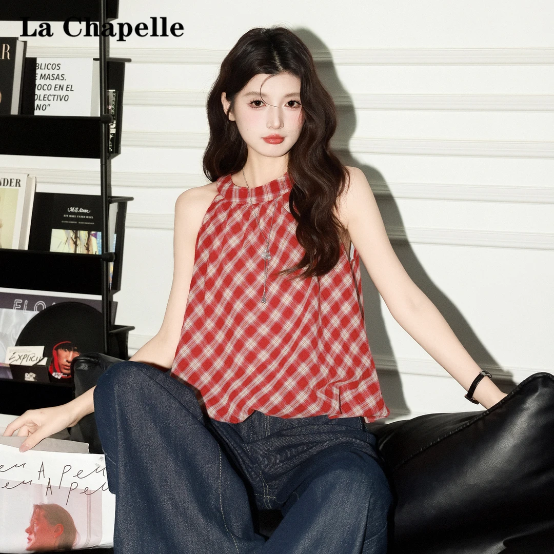 拉夏贝尔红色格纹港风挂脖吊带女2025夏季新款纯欲风圆领无袖