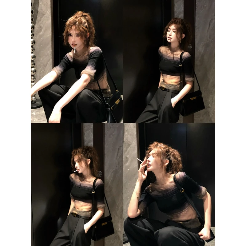 韩系辣妹渐变色条纹短袖t恤女夏季韩版复古时尚气质修身显瘦上衣