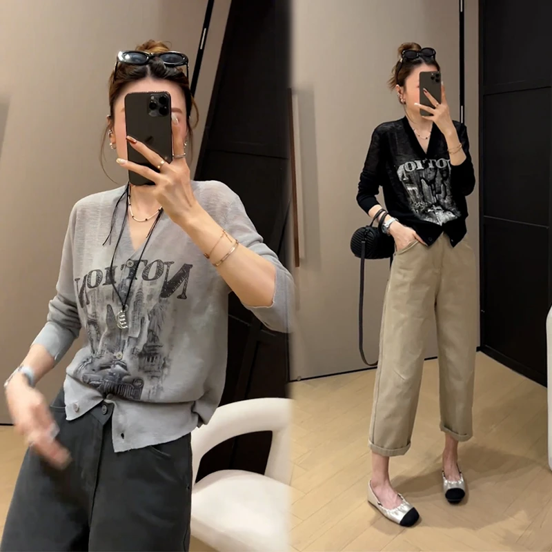 欧货圆领纯色长袖印花T恤女2025新款秋季宽松时尚休闲百搭套装