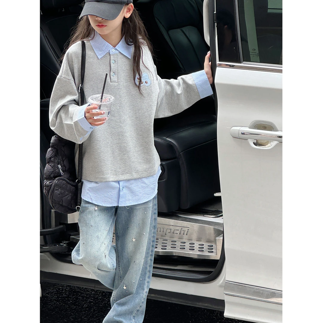 K28045孙小美假两件女童秋装卫衣儿童上衣2025新款春秋女大童衣服