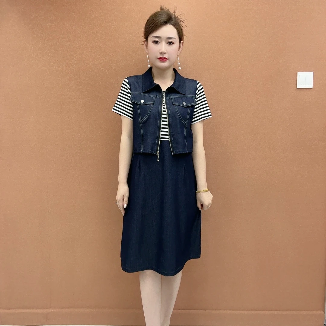 假两件套连衣裙女夏季2025年新款洋气妈妈休闲宽松显瘦中长裙