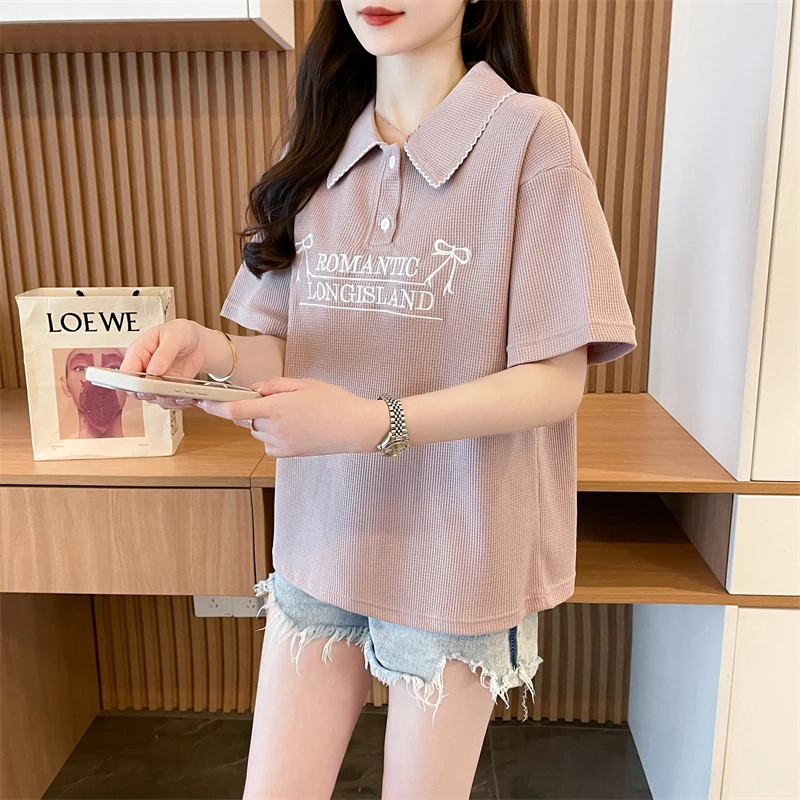 2025夏季时尚小个子显瘦百搭新款polo领韩版甜美设计洋气女士短袖