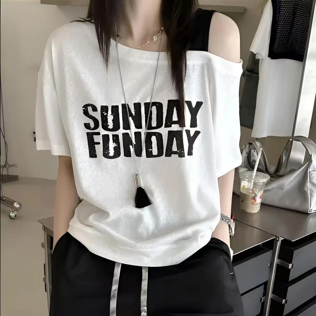 2025夏季斜肩吊带撞色字母休闲印花短袖T桖时尚宽松显瘦百搭韩版