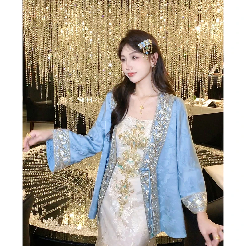 果果家【故月栖花】新中式钉珠上衣2025女秋季提花V领短外套连衣裙