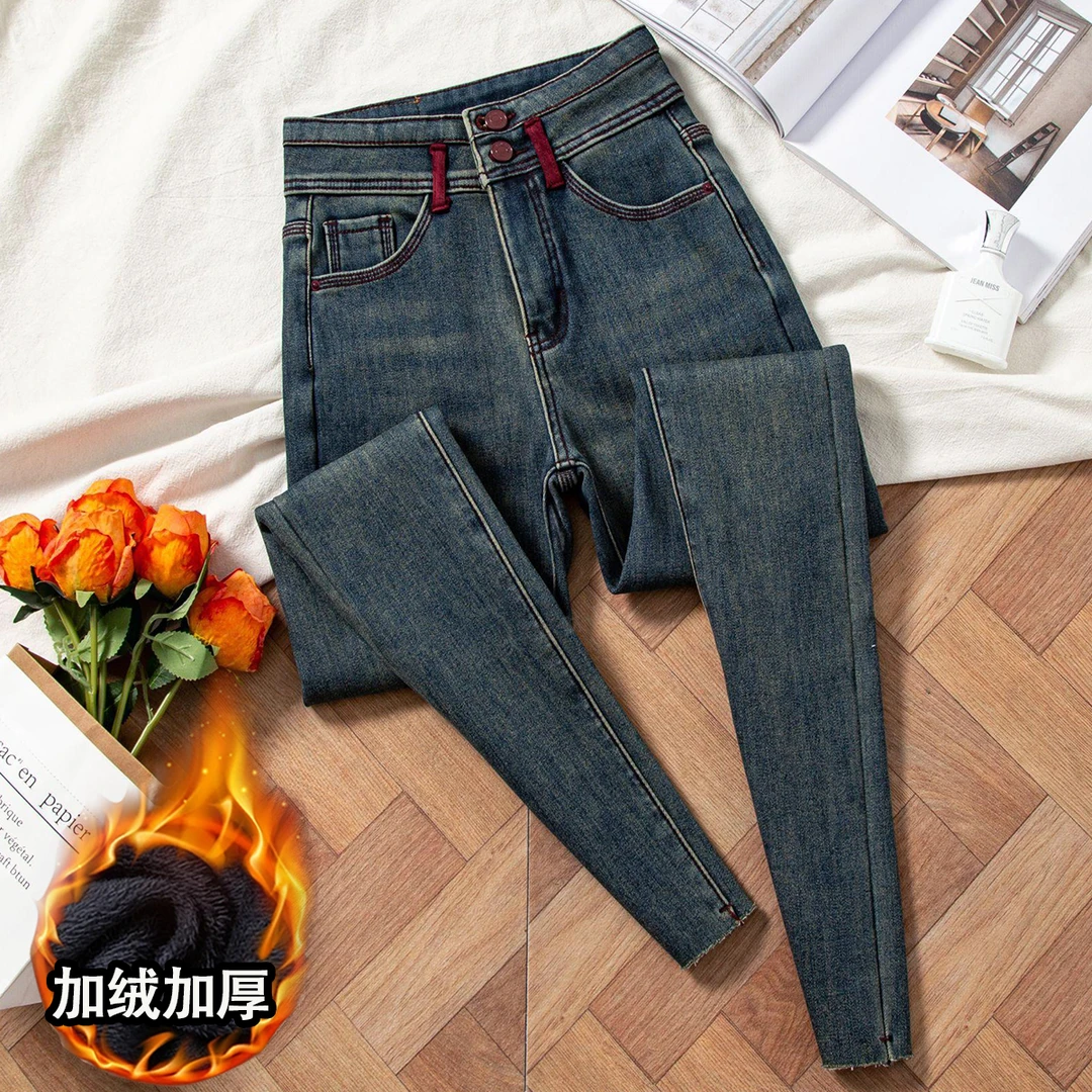 高腰加绒牛仔裤女秋冬新款显高显瘦紧身弹力小脚提臀铅笔长裤女
