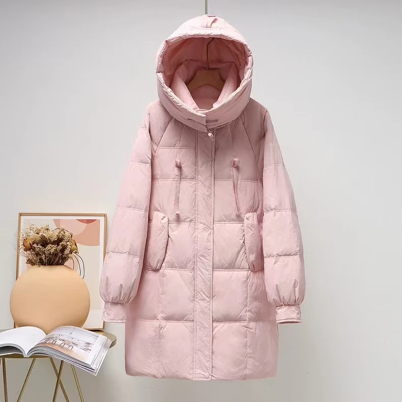 新国标白鸭绒韩版牛角扣羽绒服女中长款2025冬装新款宽松百搭加厚