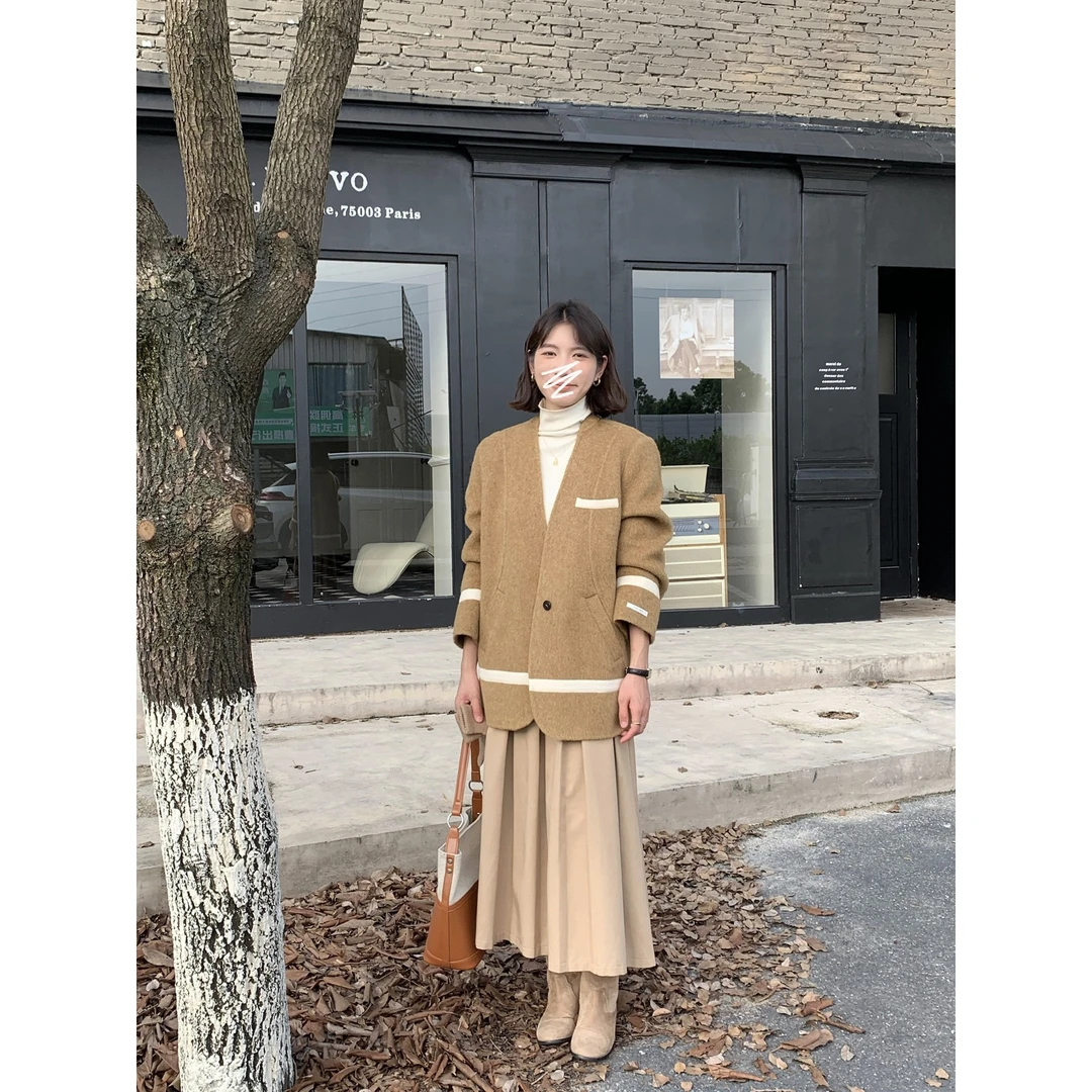 DUCURNO韩版设计感撞色毛呢外套女冬季2026新款时尚拼接宽松大衣