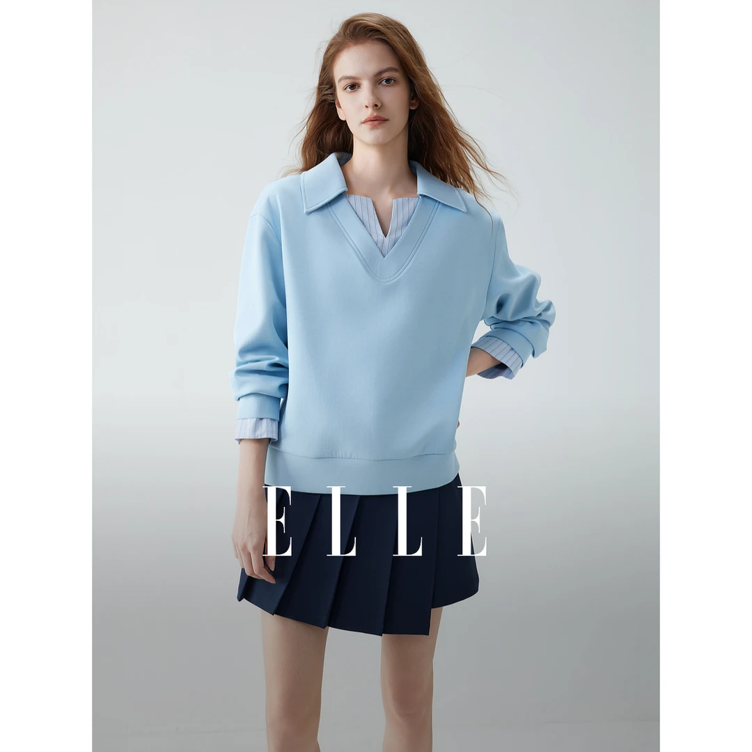 ELLE摩登假两件条纹拼接卫衣女2025秋新款翻领设计感EW51709