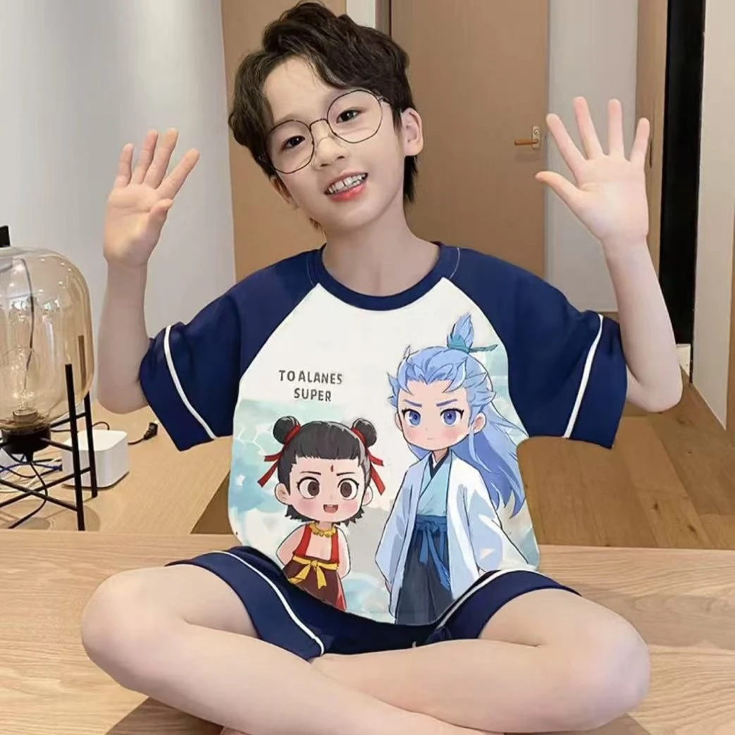 儿童睡衣2025新款夏季纯棉薄款男童短袖短裤哪吒中大童男孩家居服
