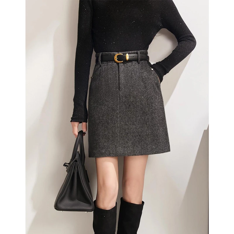 绵羊毛花呢短裙女赠腰带 复古斜纹通勤A字显瘦保暖半身裙25秋冬