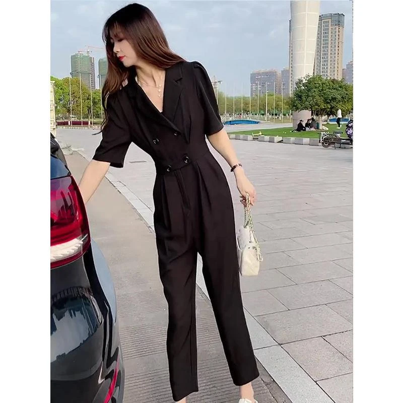 西装短袖连体裤女2025夏季新款收腰显瘦双排扣休闲西装领连体衣裤