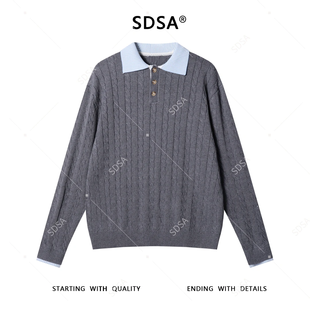 SDSA男士秋冬新款痞帅男装潮牌纽花拼接半纽扣翻领针织衫时尚毛衣