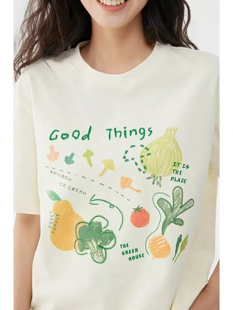 飞 圆领短袖印花T恤女宽松舒适夏季甜美百搭小衫