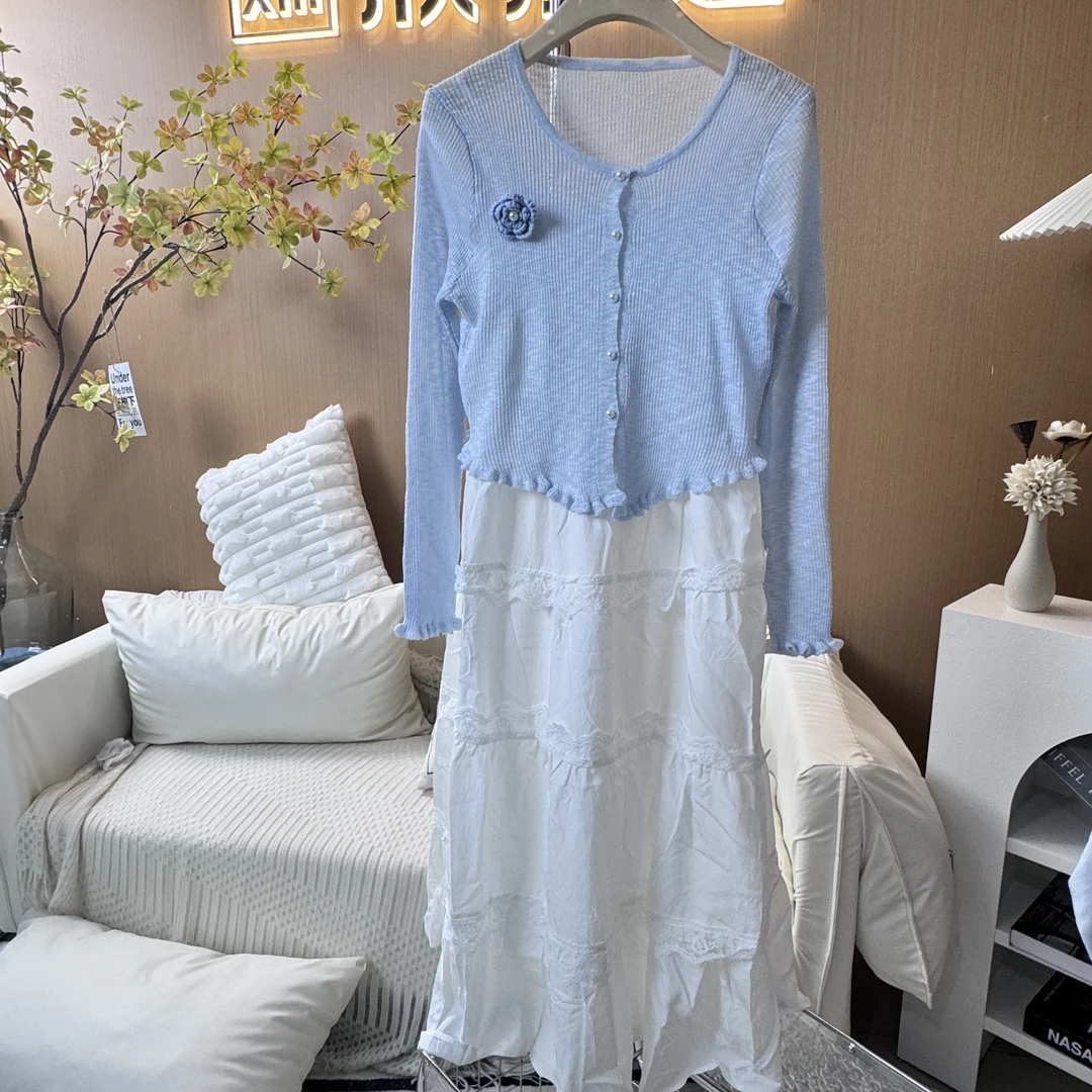 欣小姐三层蕾丝吊裙外披显瘦气质长袖蓝色针织时尚百搭拼接