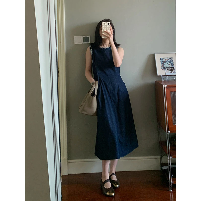 花总吖【小岛夏天】深蓝色复古刺绣袖牛仔花边连衣裙R425X08942